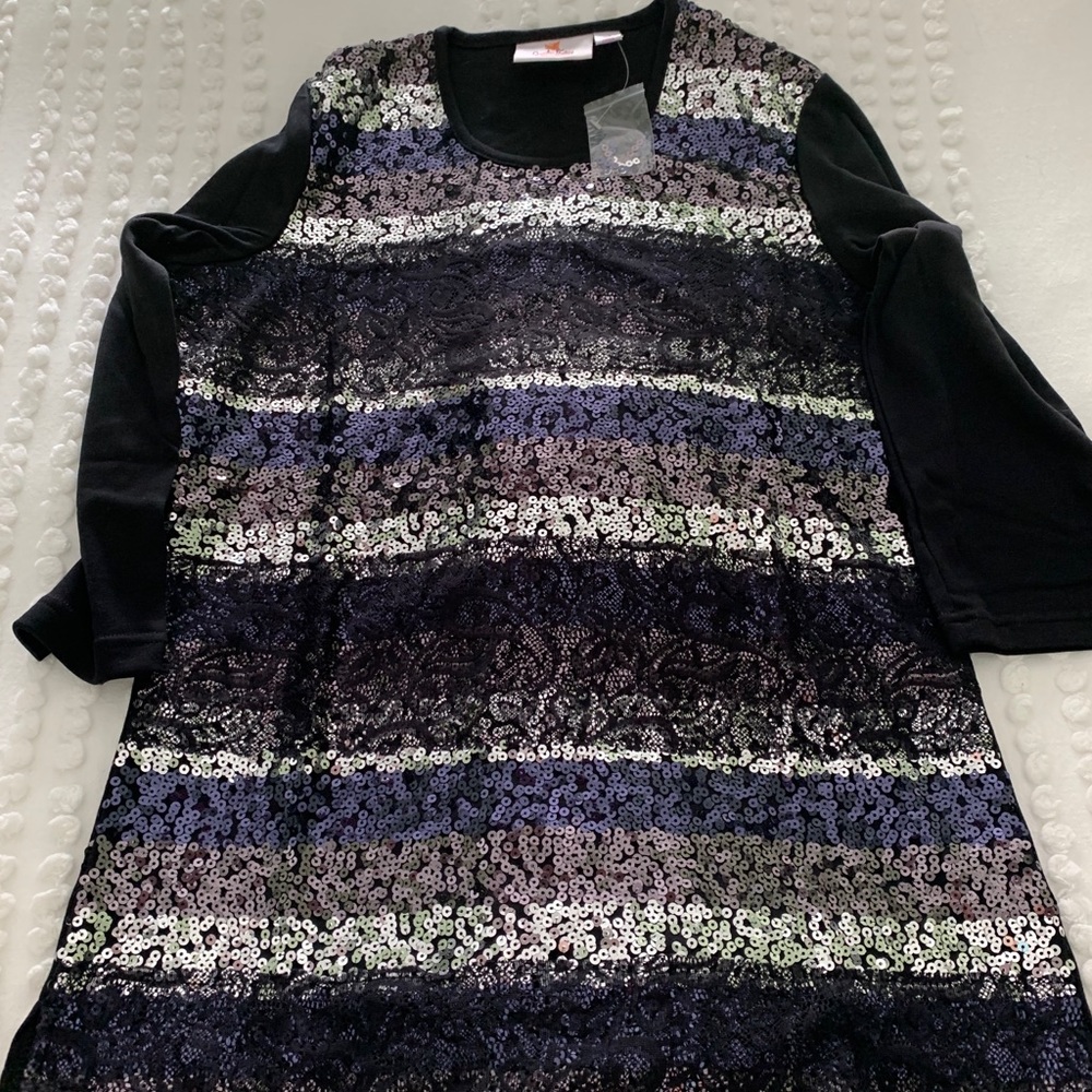 Quacker Factory Sequin & Lace Black Top XS BNWT